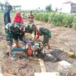 Babinsa Koramil 0815/06 Kemlagi Bantu Petani Airi Sawah Gunakan Pompanisasi Brigade Alsintan